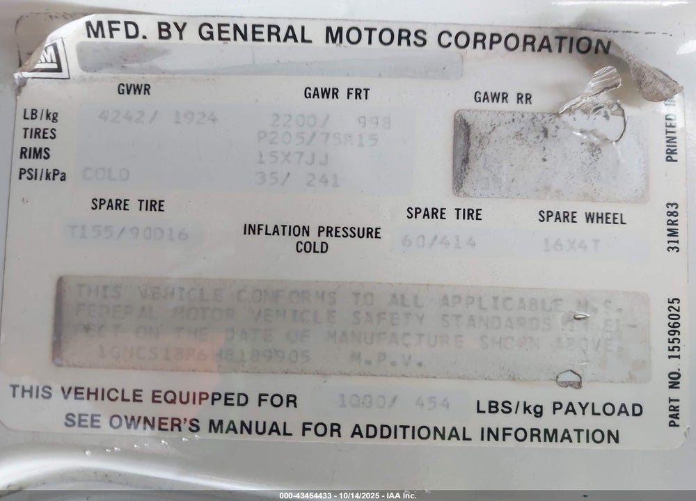 1987 CHEVROLET BLAZER S10 VIN: 1GNCS18R6H8189905