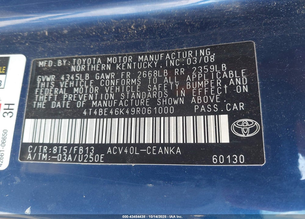 2009 TOYOTA CAMRY VIN: 4T4BE46K49R061000