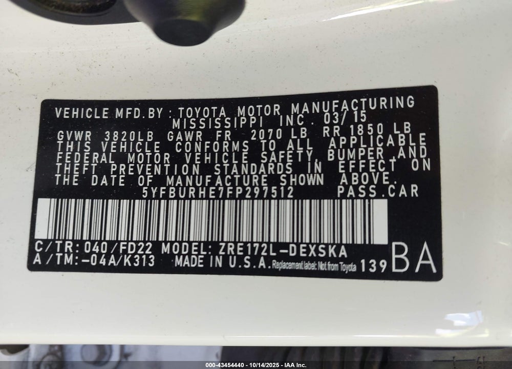 2015 TOYOTA COROLLA S PLUS VIN: 5YFBURHE7FP297512