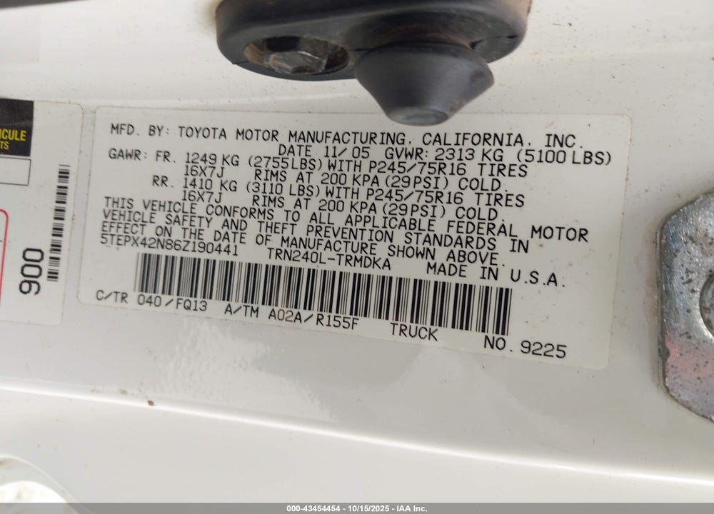 2006 TOYOTA TACOMA VIN: 5TEPX42N86Z190441