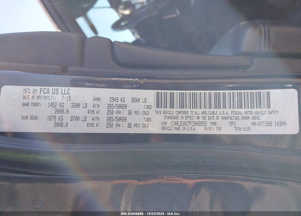 2015 JEEP GRAND CHEROKEE ALTITUDE VIN: 1C4RJEAG7FC945953