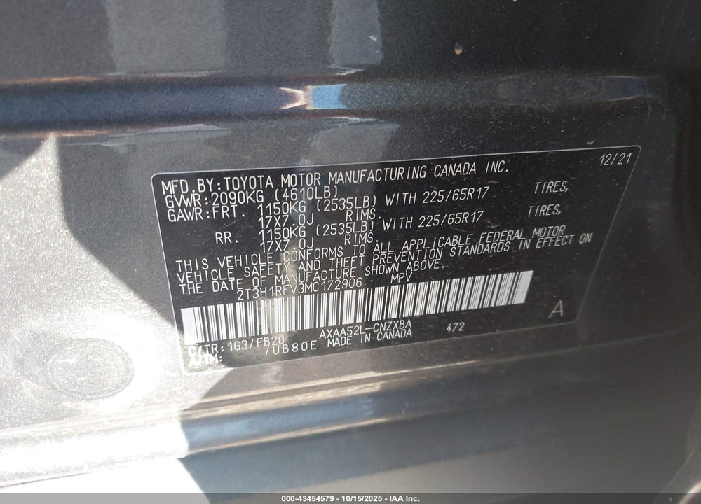 2021 TOYOTA RAV4 LE VIN: 2T3H1RFV3MC172906