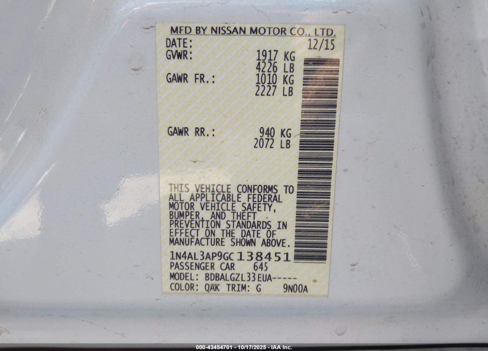 2016 NISSAN ALTIMA VIN: 1N4AL3AP9GC138451