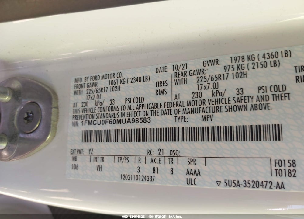 2021 FORD ESCAPE S VIN: 1FMCU0F60MUA98583