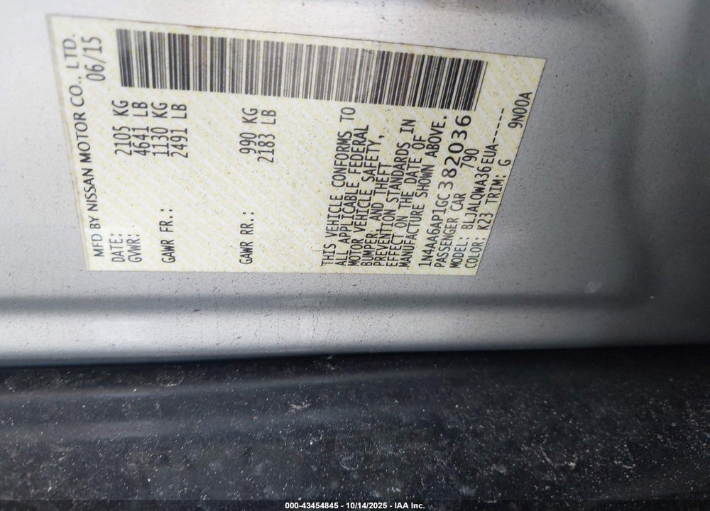 2016 NISSAN MAXIMA VIN: 1N4AA6AP1GC382036