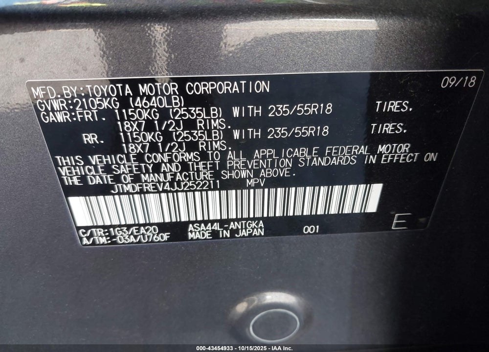 2018 TOYOTA RAV4 LIMITED VIN: JTMDFREV4JJ252211