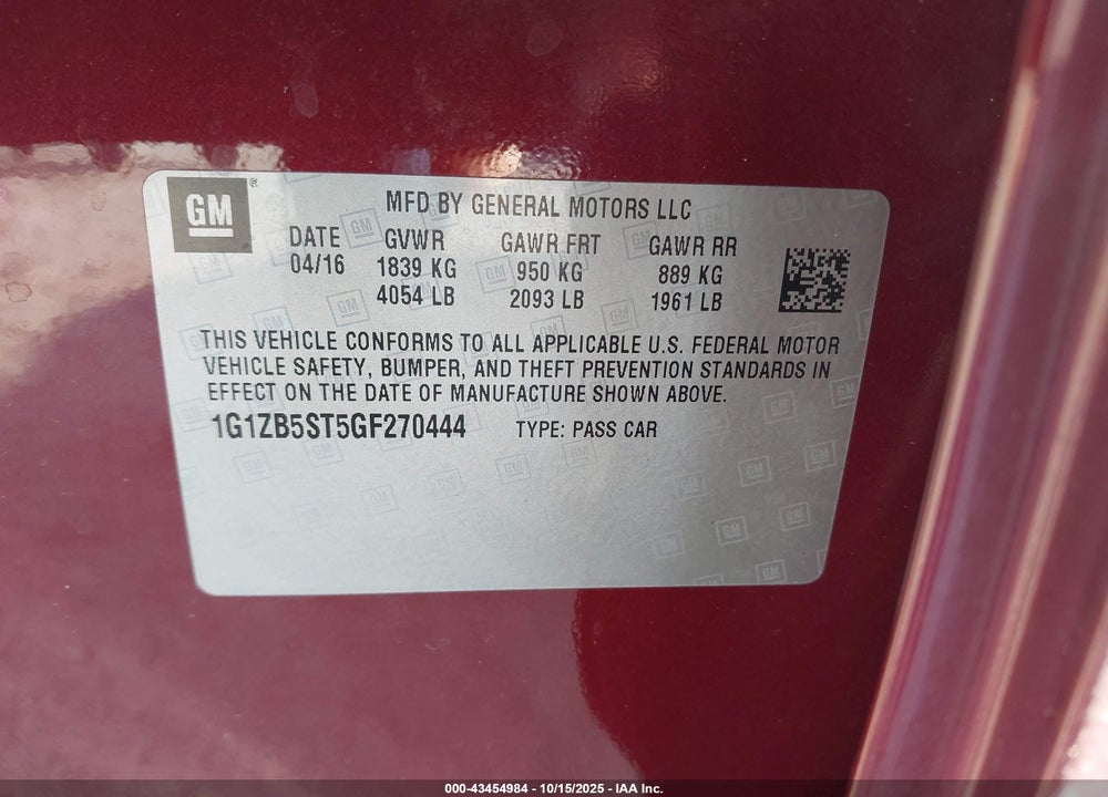 2016 CHEVROLET MALIBU VIN: 1G1ZB5ST5GF270444