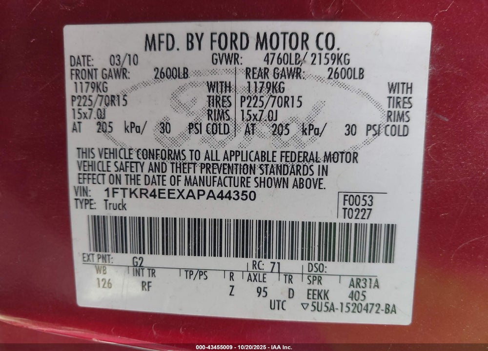 2010 FORD RANGER VIN: 1FTKR4EEXAPA44350