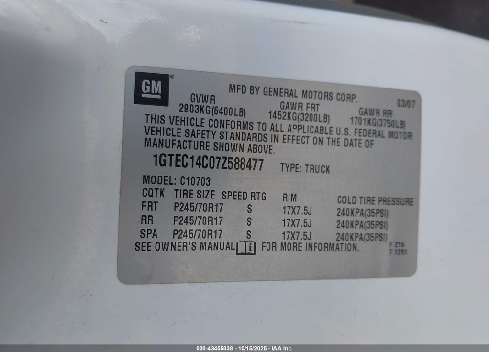 2007 GMC SIERRA 1500 WORK TRUCK VIN: 1GTEC14C07Z588477