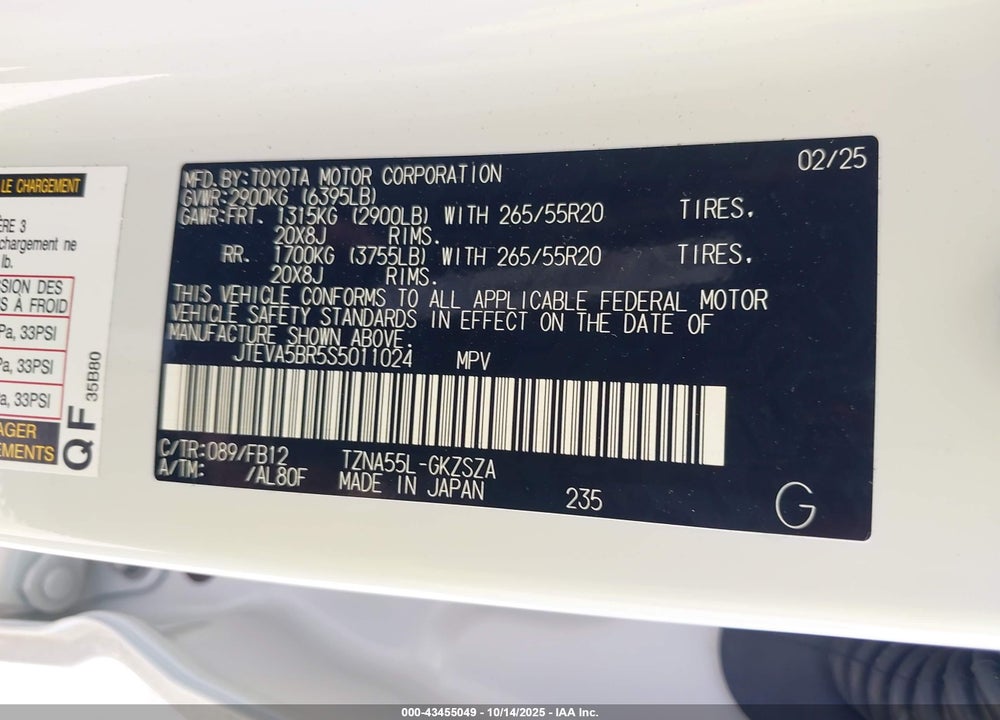 2025 TOYOTA 4RUNNER TRD SPORT VIN: JTEVA5BR5S5011024