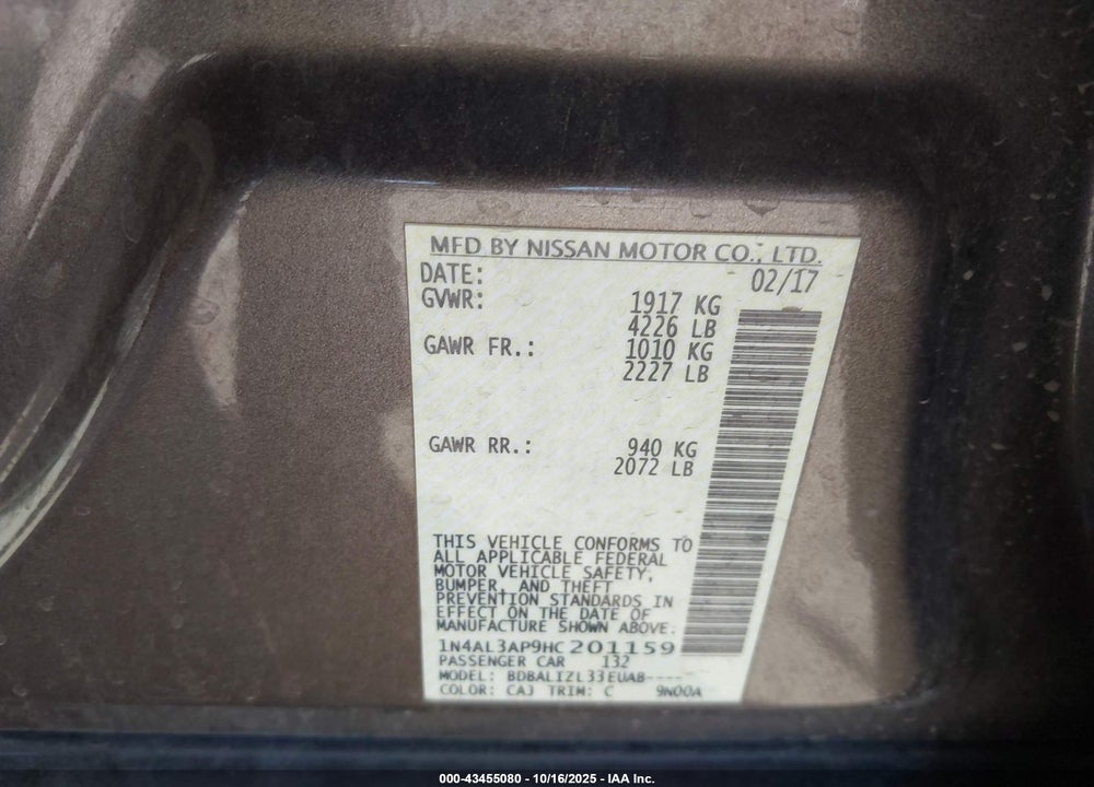 2017 NISSAN ALTIMA 2.5 SV VIN: 1N4AL3AP9HC201159