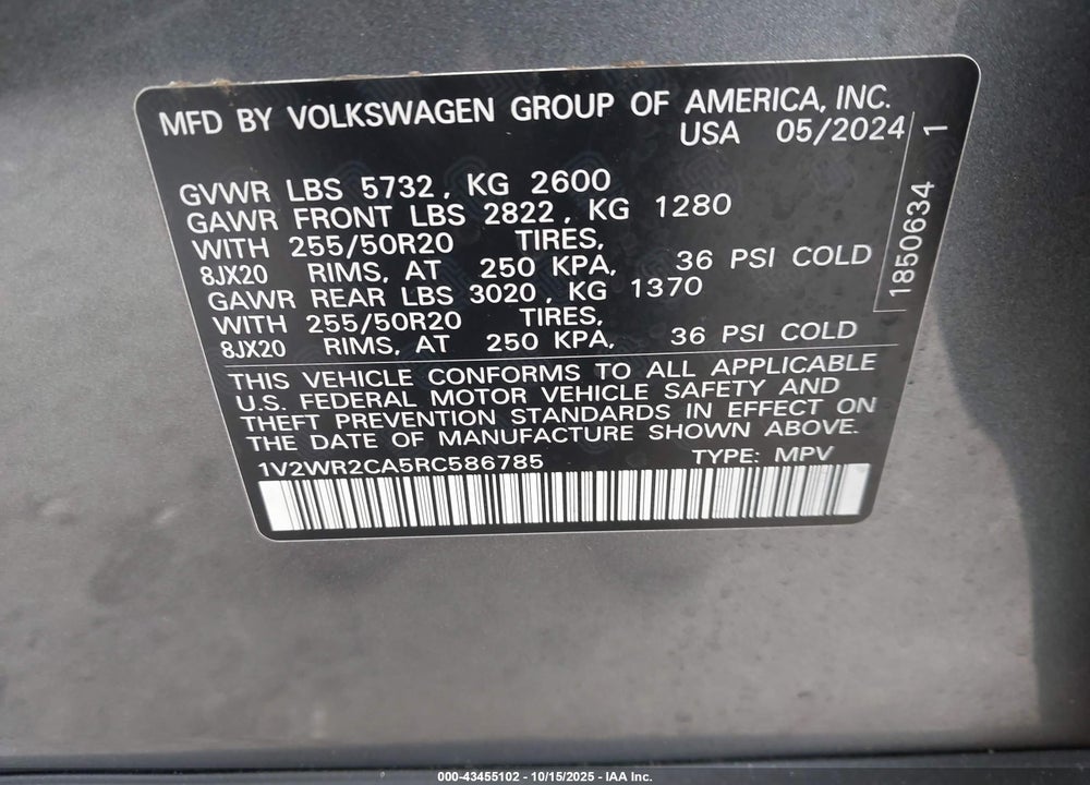 2024 VOLKSWAGEN ATLAS VIN: 1V2WR2CA5RC586785