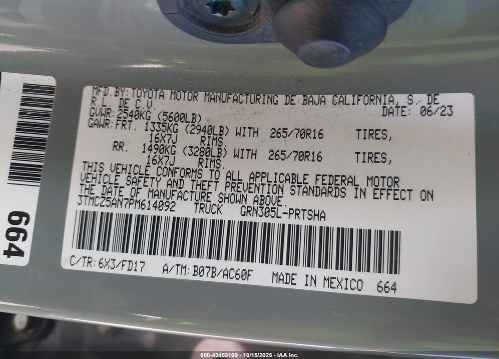2023 TOYOTA TACOMA TRD OFF ROAD VIN: 3TMCZ5AN7PM614092