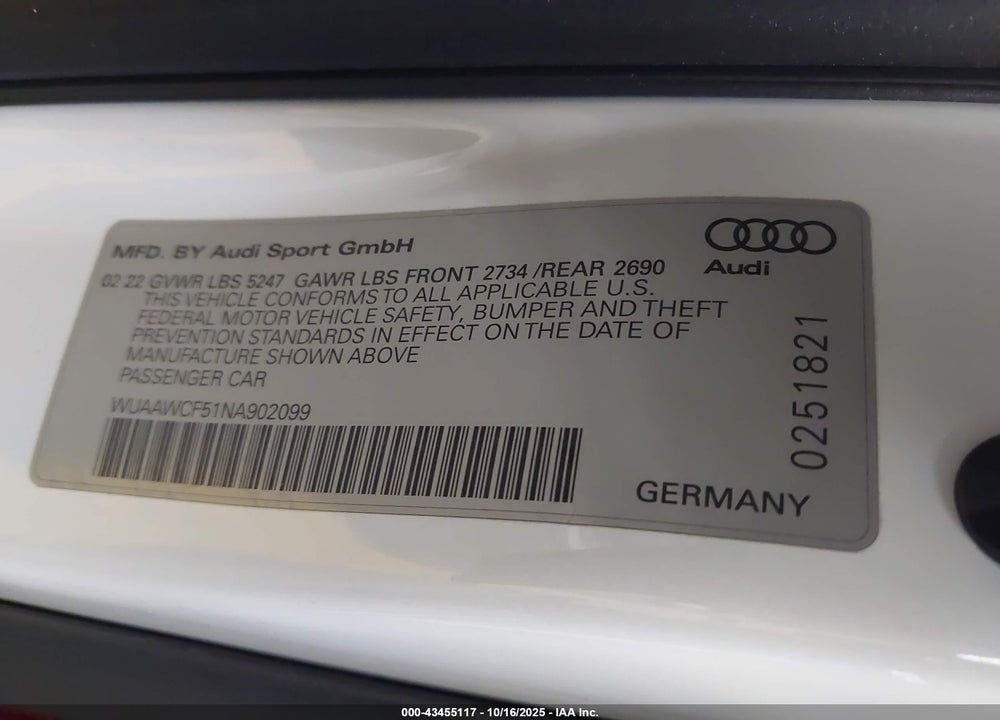 2022 AUDI RS 5 SPORTBACK TFSI QUATTRO TIPTRONIC VIN: WUAAWCF51NA902099