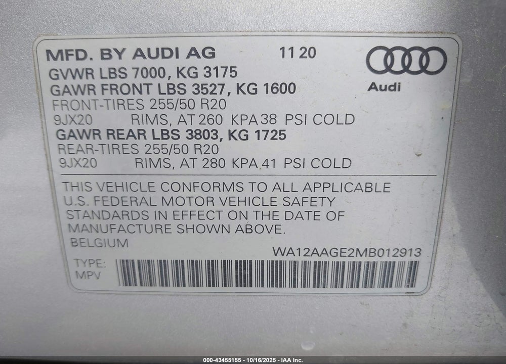 2021 AUDI E-TRON SPORTBACK PREMIUM PLUS QUATTRO VIN: WA12AAGE2MB012913