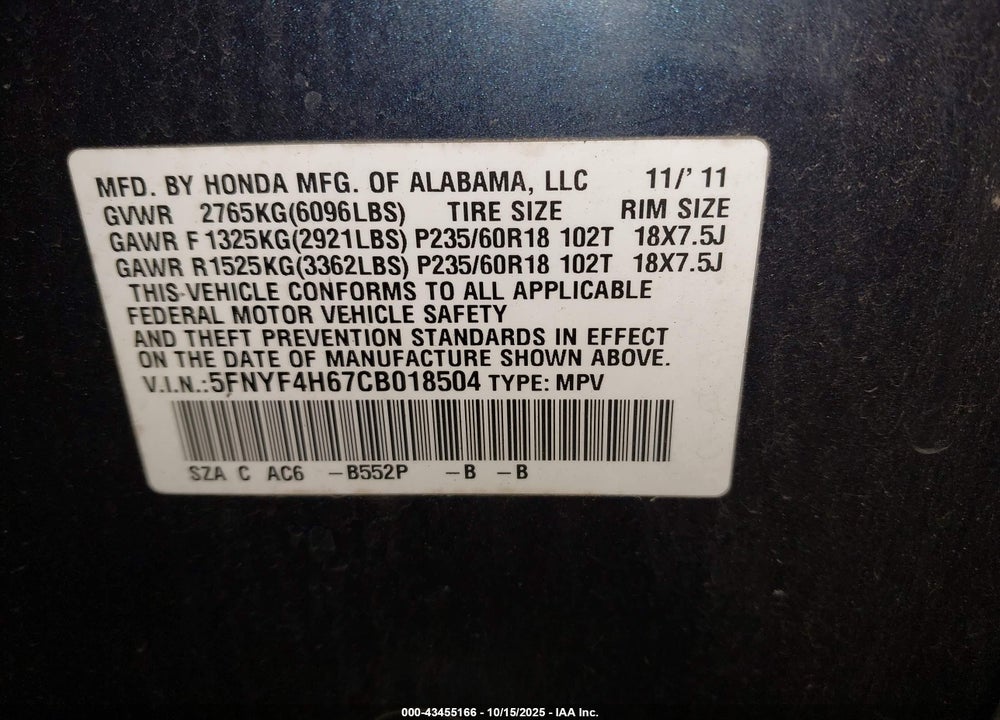 2012 HONDA PILOT VIN: 5FNYF4H67CB018504