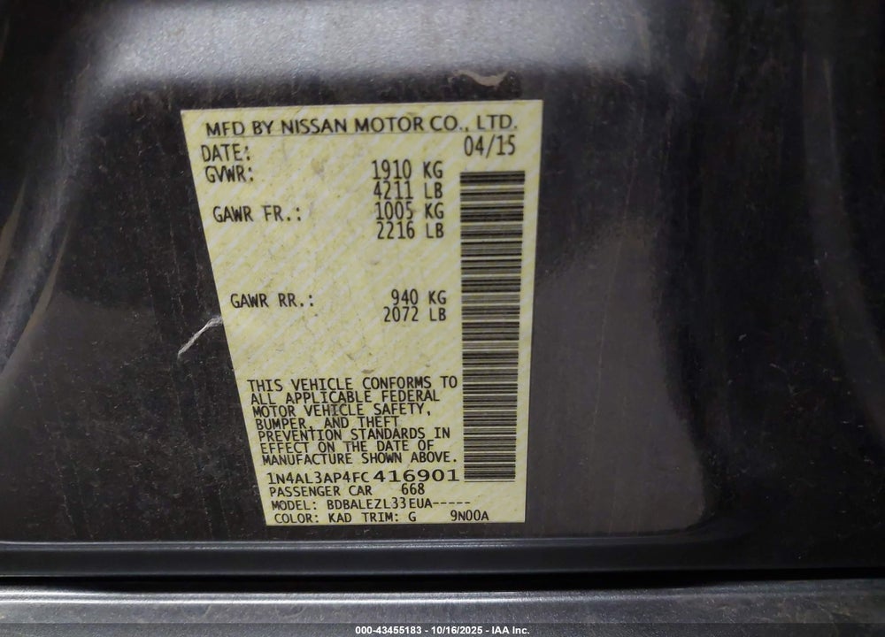 2015 NISSAN ALTIMA VIN: 1N4AL3AP4FC416901