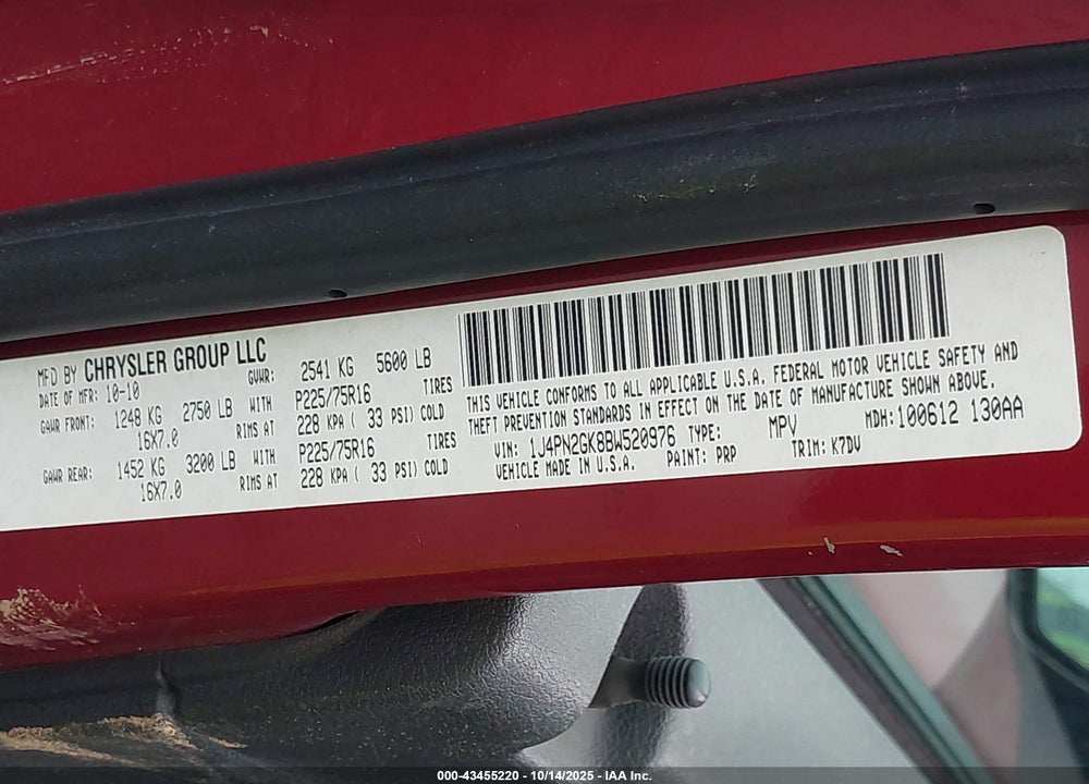 2011 JEEP LIBERTY VIN: 1J4PN2GK8BW520976