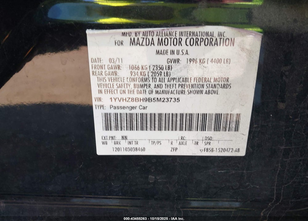 2011 MAZDA 6 I SPORT VIN: 1YVHZ8BH9B5M23735