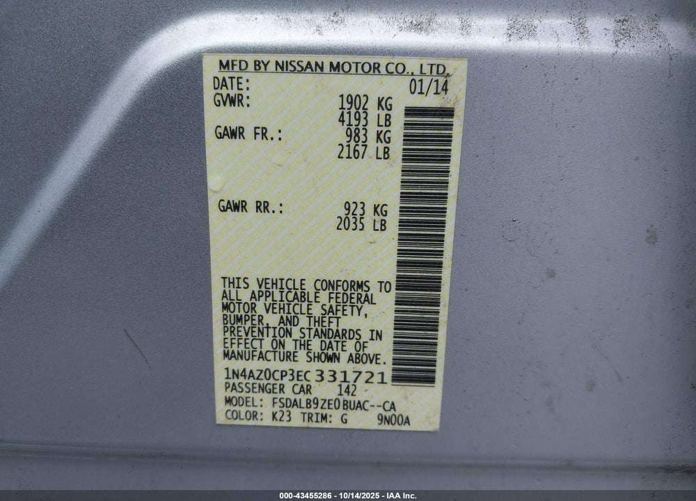 2014 NISSAN LEAF VIN: 1N4AZ0CP3EC331721