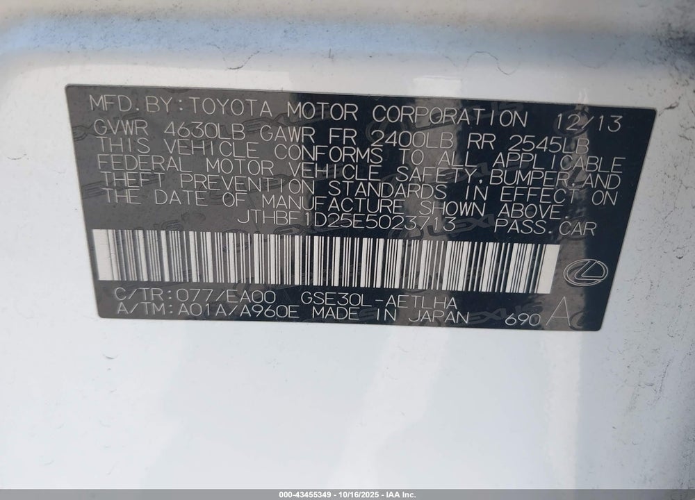 2014 LEXUS IS 250 VIN: JTHBF1D25E5023713