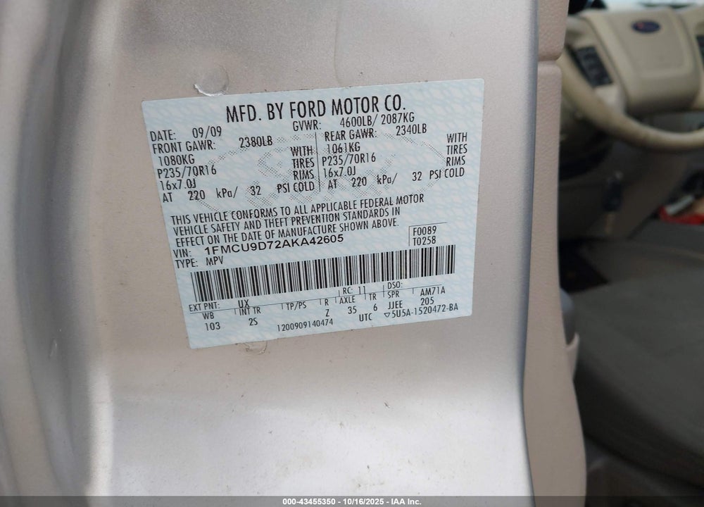 2010 FORD ESCAPE XLT VIN: 1FMCU9D72AKA42605