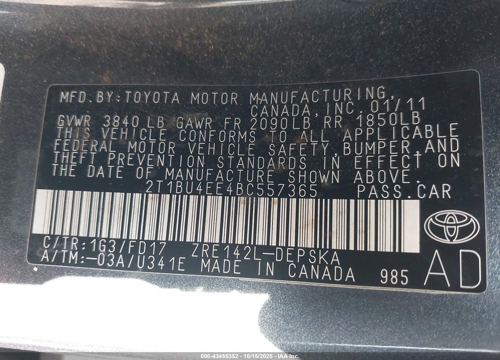 2011 TOYOTA COROLLA S VIN: 2T1BU4EE4BC557365
