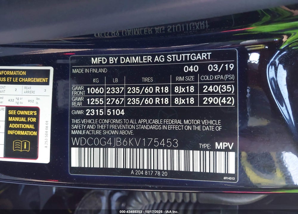 2019 MERCEDES-BENZ GLC 300 VIN: WDC0G4JB6KV175453