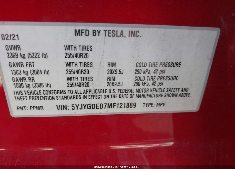 2021 TESLA MODEL Y STANDARD RANGE REAR-WHEEL DRIVE VIN: 5YJYGDED7MF121889