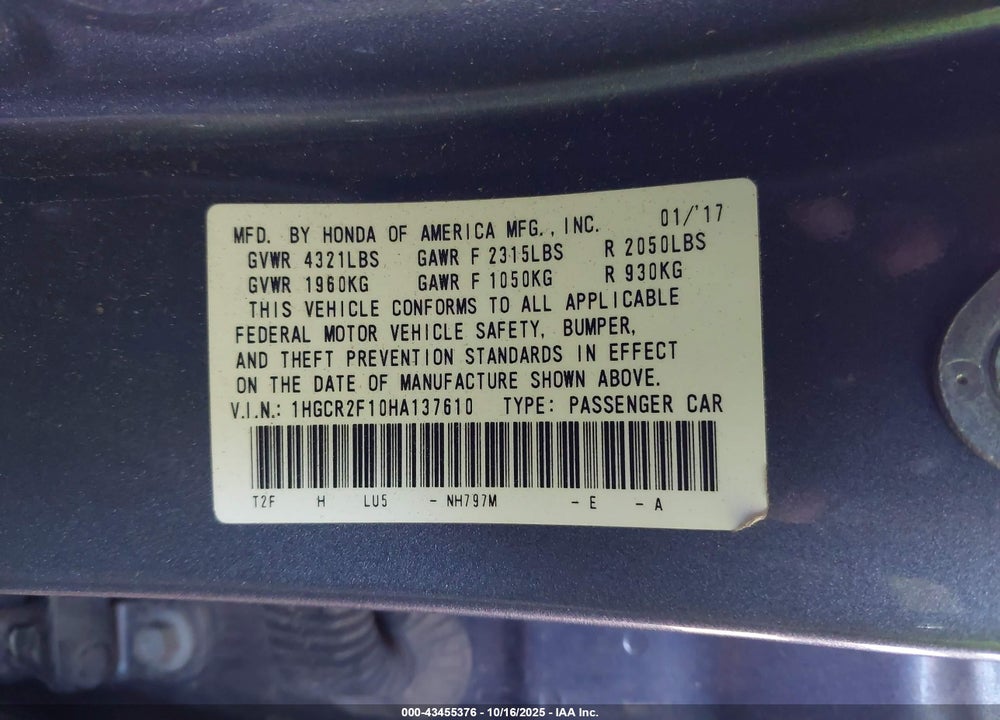 2017 HONDA ACCORD SPORT SE VIN: 1HGCR2F10HA137610