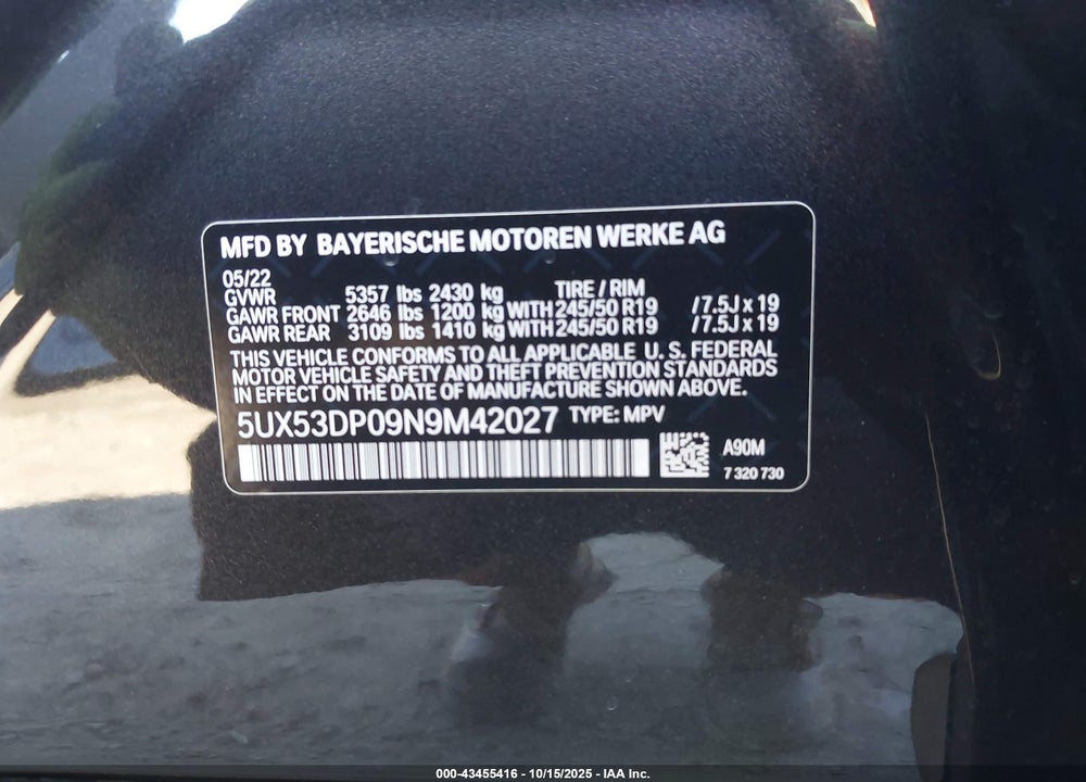 2022 BMW X3 XDRIVE30I VIN: 5UX53DP09N9M42027
