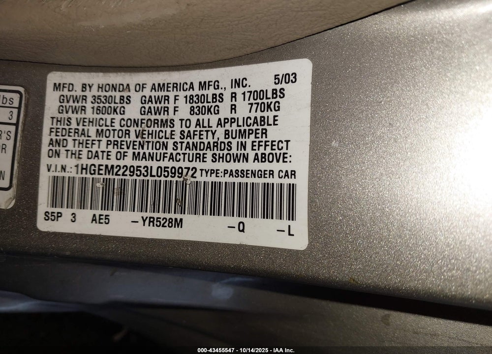 2003 HONDA CIVIC EX VIN: 1HGEM22953L059972