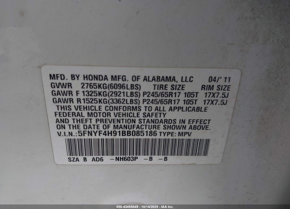 2011 HONDA PILOT TOURING VIN: 5FNYF4H91BB085186
