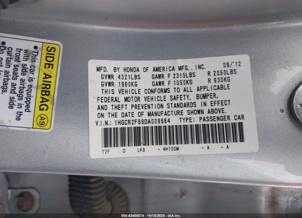 2013 HONDA ACCORD EX-L VIN: 1HGCR2F89DA009664