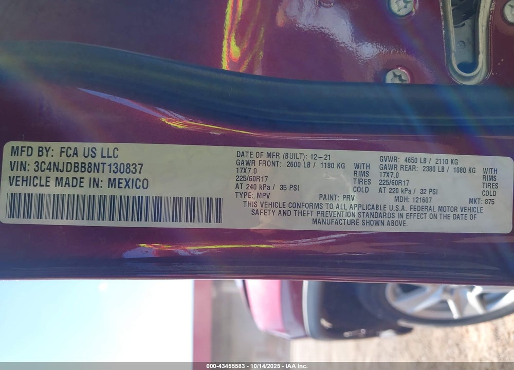 2022 JEEP COMPASS VIN: 3C4NJDBB8NT130837