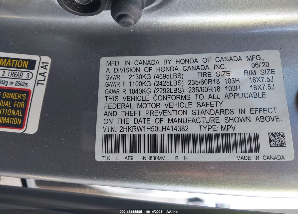 2020 HONDA CR-V 2WD EX VIN: 2HKRW1H50LH414382