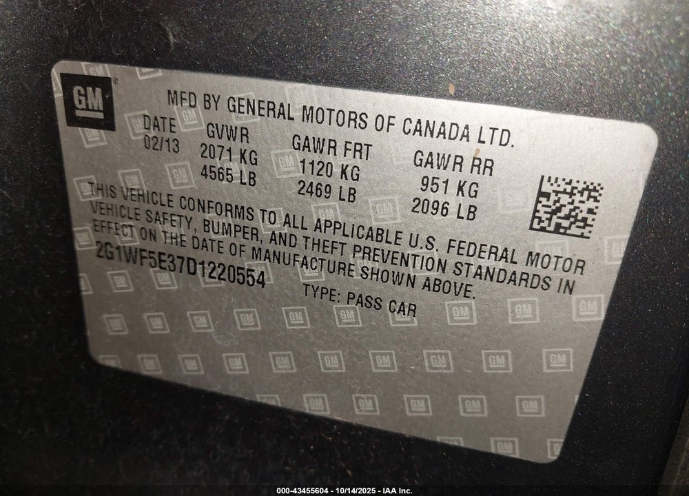 2013 CHEVROLET IMPALA LS VIN: 2G1WF5E37D1220554