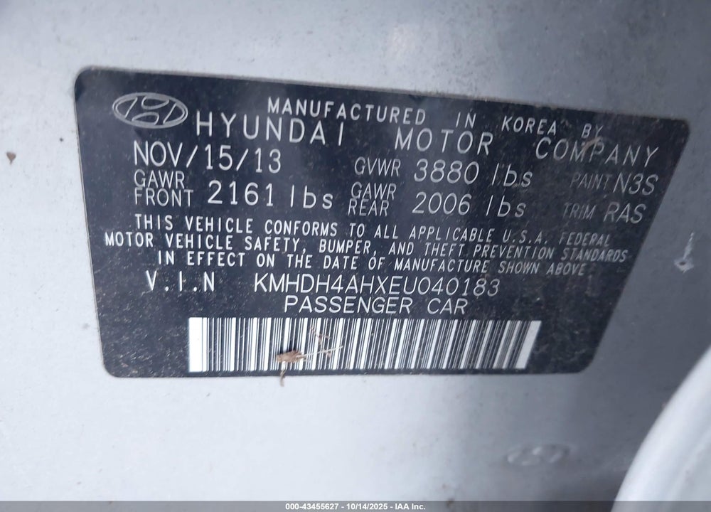 2014 HYUNDAI ELANTRA SPORT VIN: KMHDH4AHXEU040183