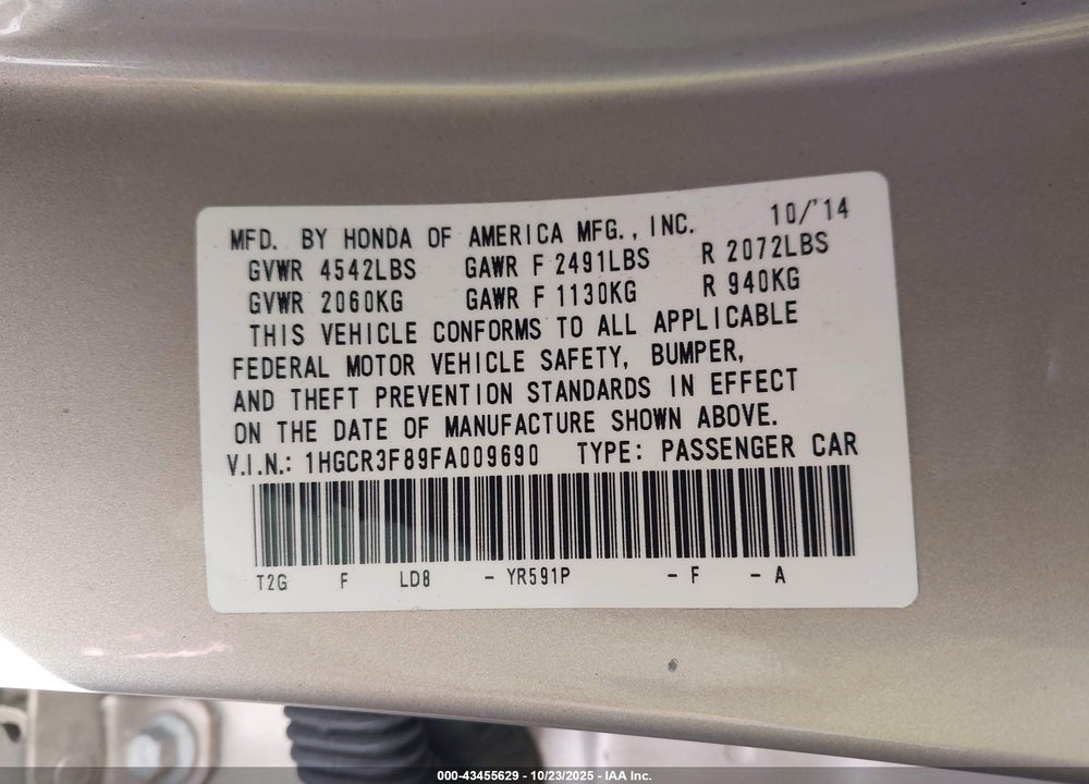 2015 HONDA ACCORD EX-L V-6 VIN: 1HGCR3F89FA009690