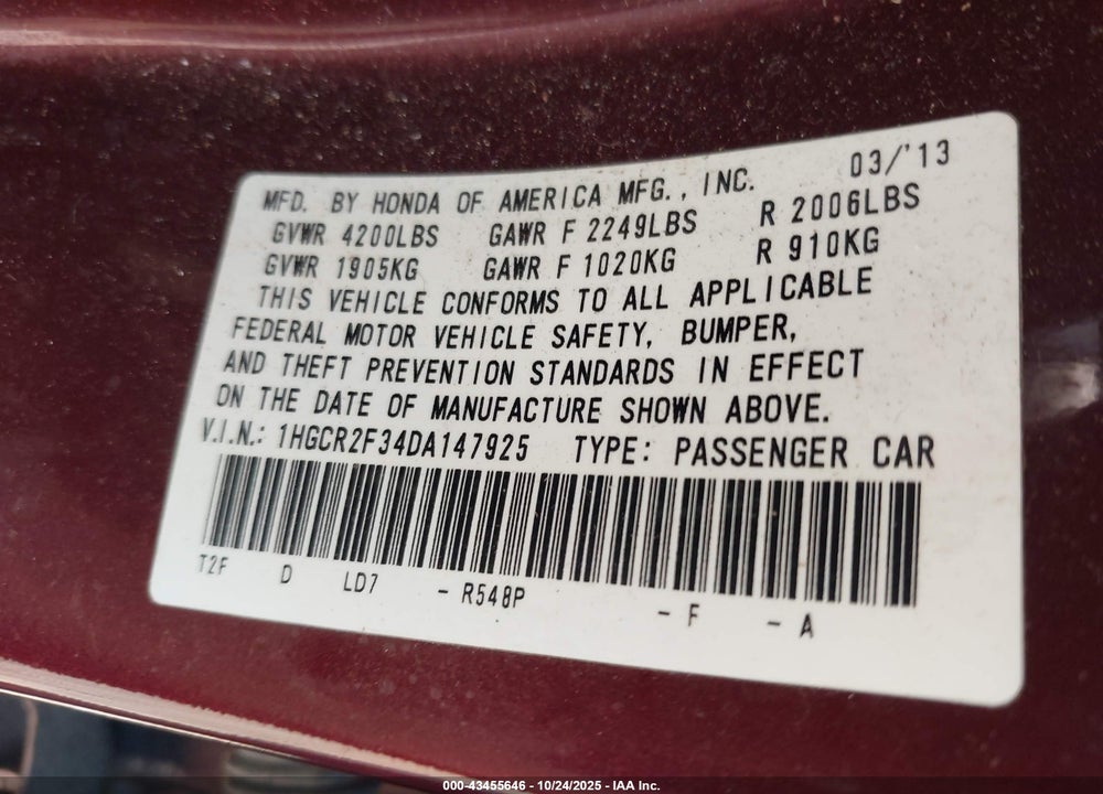 2013 HONDA ACCORD VIN: 1HGCR2F34DA147925