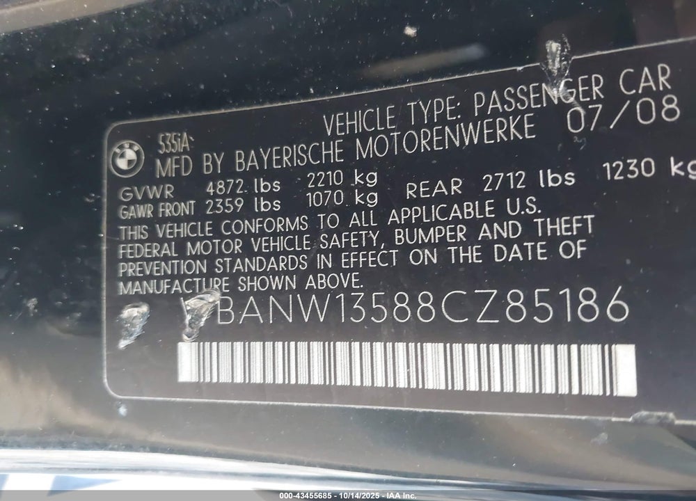2008 BMW 5 SERIES VIN: WBANW13588CZ85186
