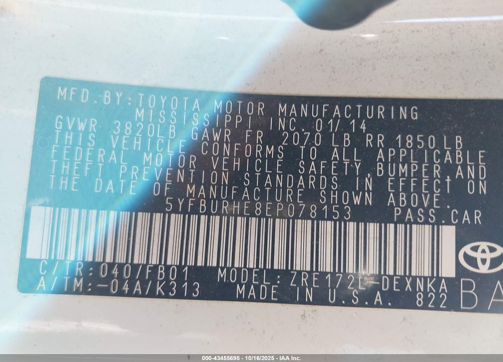 2014 TOYOTA COROLLA VIN: 5YFBURHE8EP078153