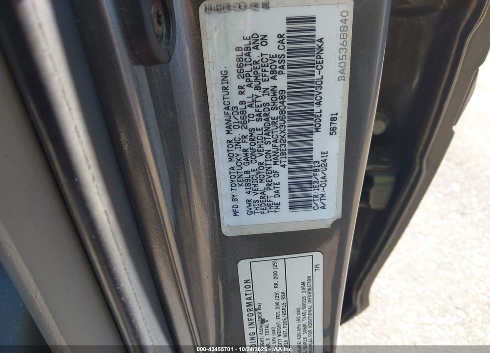 2003 TOYOTA CAMRY VIN: 4T1BE32KX3U680489