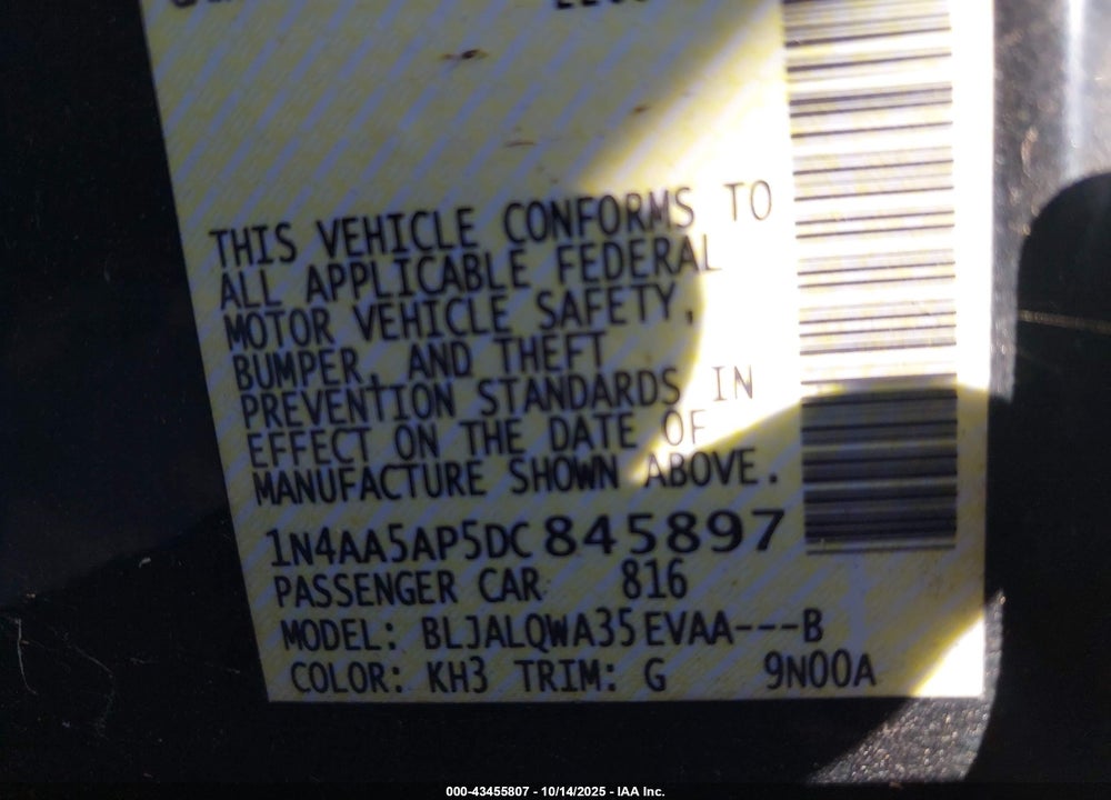 2013 NISSAN MAXIMA 3.5 S VIN: 1N4AA5AP5DC845897