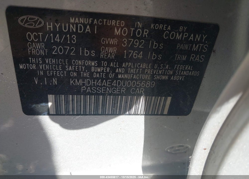 2013 HYUNDAI ELANTRA GLS VIN: KMHDH4AE4DU005689