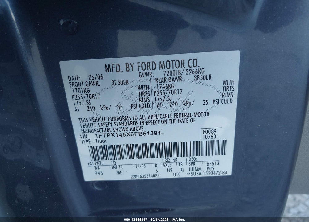 2006 FORD F-150 VIN: 1FTPX145X6FB51391