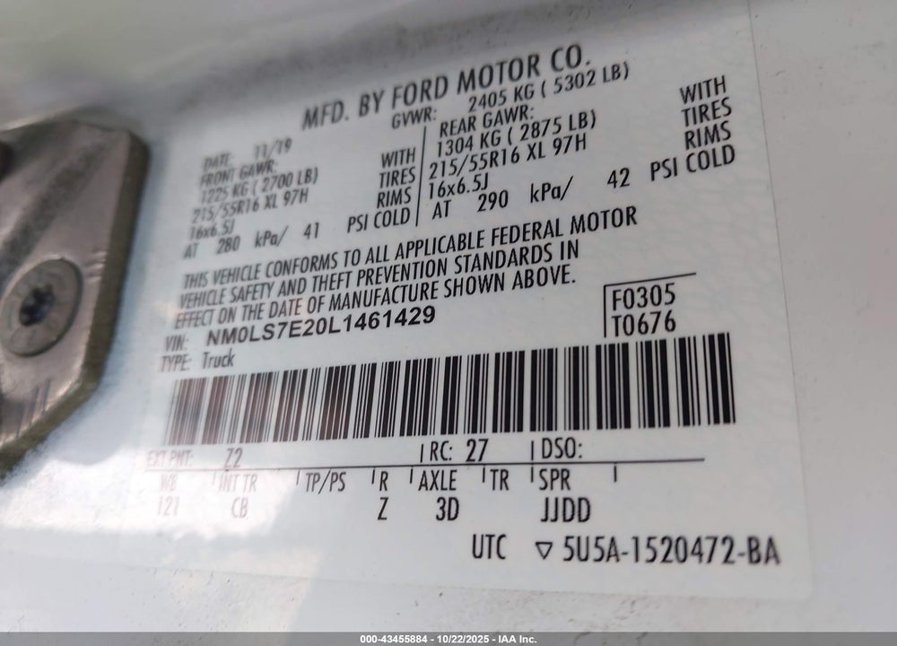 2020 FORD TRANSIT CONNECT XL VIN: NM0LS7E20L1461429