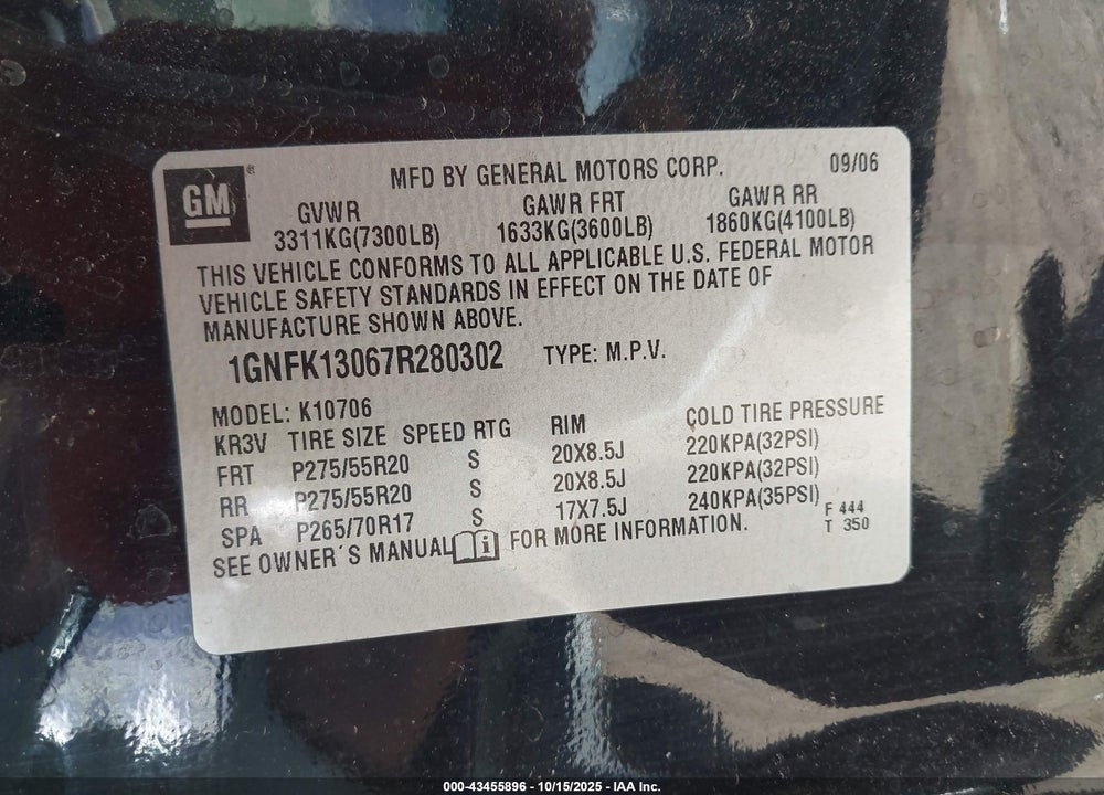 2007 CHEVROLET TAHOE LTZ VIN: 1GNFK13067R280302