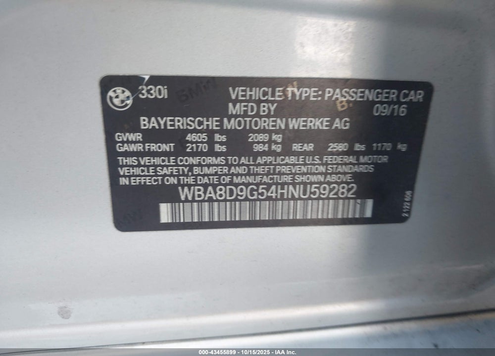 2017 BMW 330I XDRIVE VIN: WBA8D9G54HNU59282