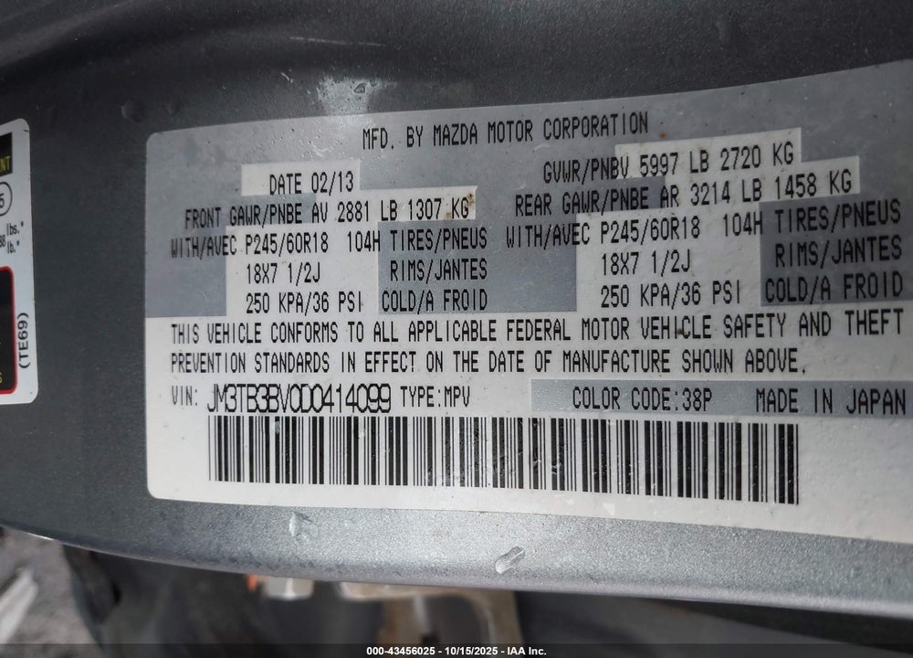 2013 MAZDA CX-9 SPORT VIN: JM3TB3BV0D0414099